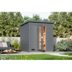 Karibu Gartensauna Saunahaus Hyun Aktionsangebot terragrau Isolierte Saunatür mit Glaseinsatz 9 kW Ofen finnisch inkl. Steuergerät Easy