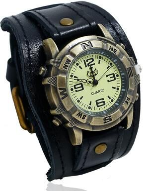 ModernMart Men Leather Cuff Watch Retro Punk Style Quartz Bracelet Watch black