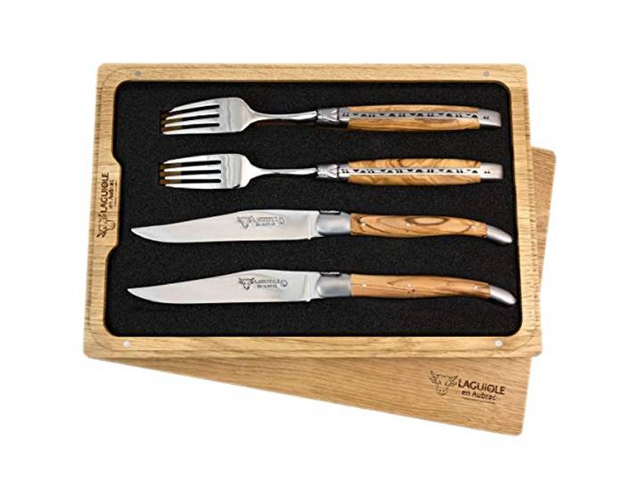 LAGUIOLE en Aubrac Premium Steakbesteck geschmiedet Set 2 Steakmesser und 2 Steakgabeln Olivenholz