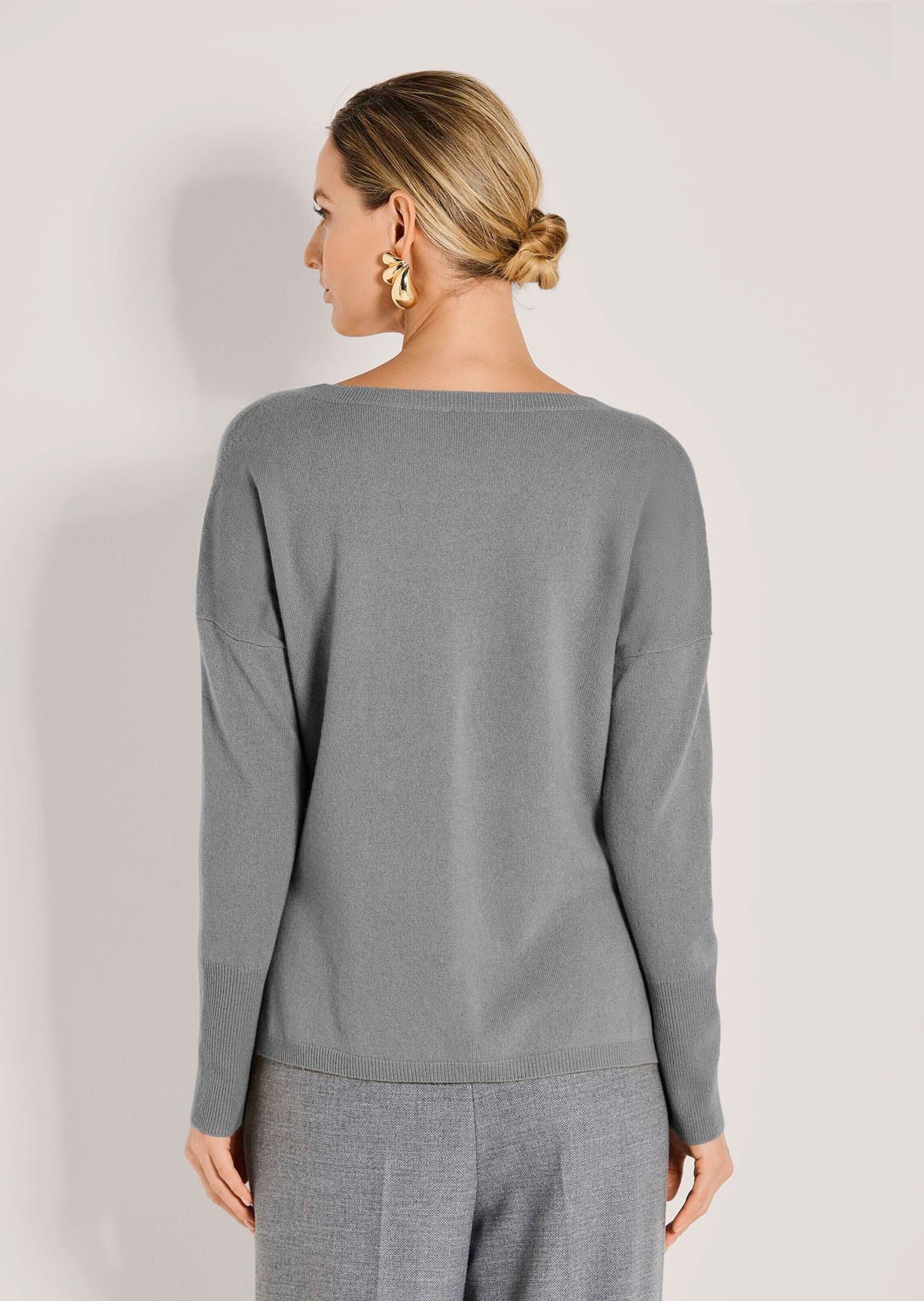 Longpullover MADELEINE "Kaschmirpullover Schlichter Strickpullover mit U-Boot-Ausschnitt", Damen, Gr. 34, grau (steingrau, melange), Obermaterial: 100% Kaschmir WS., Modern, U-Boot-Ausschnitt, Pullover Longpullover, Good-Cashmere-Qualität
