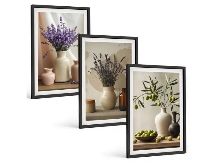 Tulup Bilder SET 3er Set - 40x60 cm Schwarzer Rahmen - Lavendelblüten, Oliven, Gefäße, Kunststoff, Rechteckig, 40x60 cm, Fotografie, Bilder & Rahmen, Bilder