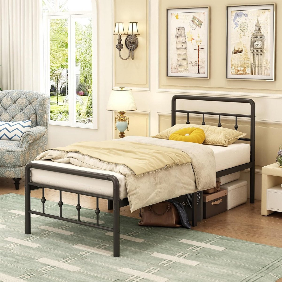 EMODA Metal Bed Frame met Vintage Hoofdbord en Voetbord, Zwart, B/D/H: 90 x 200 x 36 cm