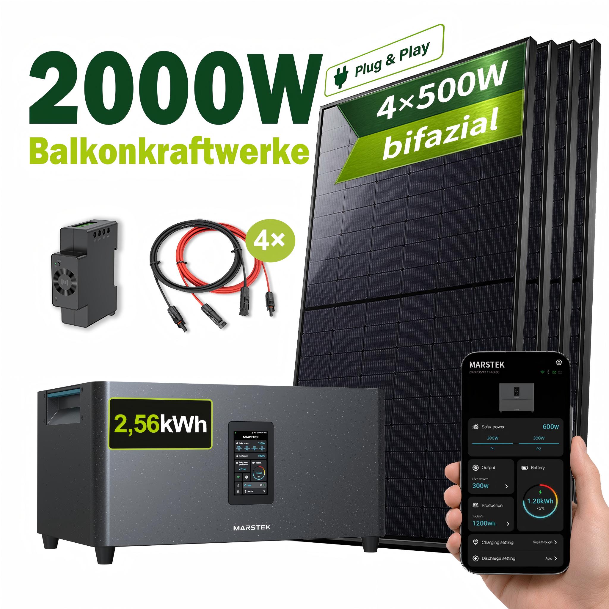 2000W Balkonkraftwerk mit 2,56 kWh Speicher MARSTEK Jupiter C + Plus, 4x500W BIFAZIAL FULLBLACK Solarmodule Solaranlage Solarspeicher mit Smart Meter