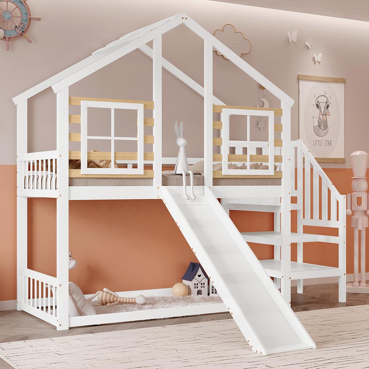 Kinderbett mit Treppe Rutsche und Fenster Blockhaus Etagenbett Jugendbett 90x200cm Weiß