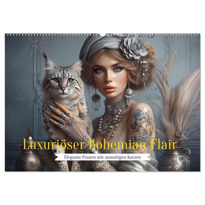 Luxuriöser Bohemian Flair - Elegante Frauen mit anmutigen Katzen (Wandkalender 2026 DIN A2 quer), CALVENDO Monatskalender
