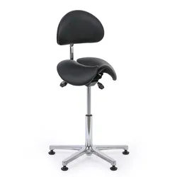 Arbeitshocker mit Rückenlehne ARDO, Sitzfläche in Sattelform, mit Gleitern, schwarz