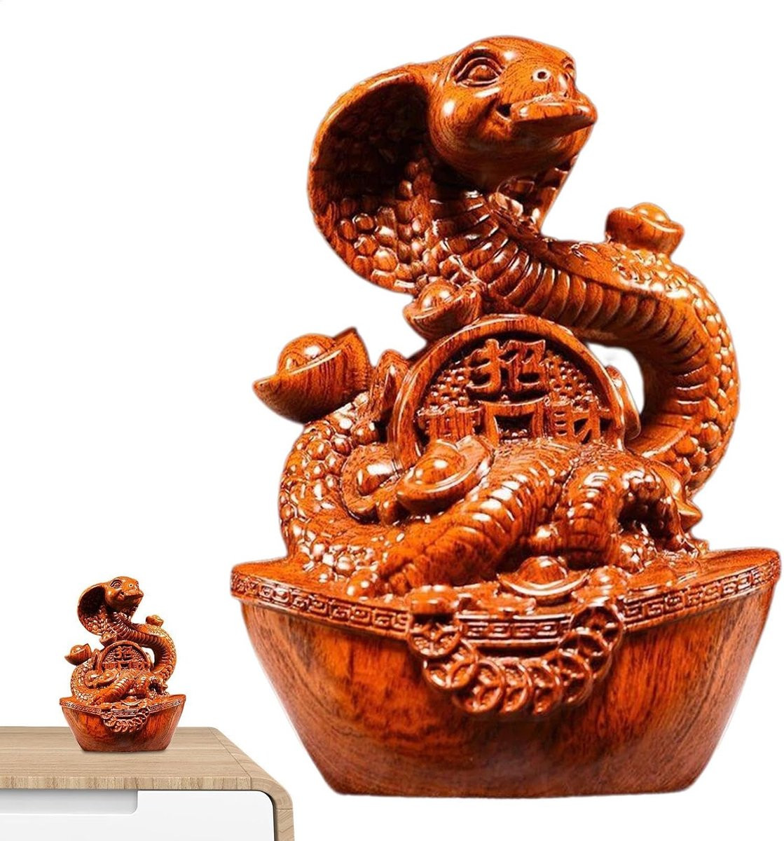 Houten Slangenbeeld Natuurlijk Hout - Decoratief Gelukssymbool - Hoogte: 14 cm