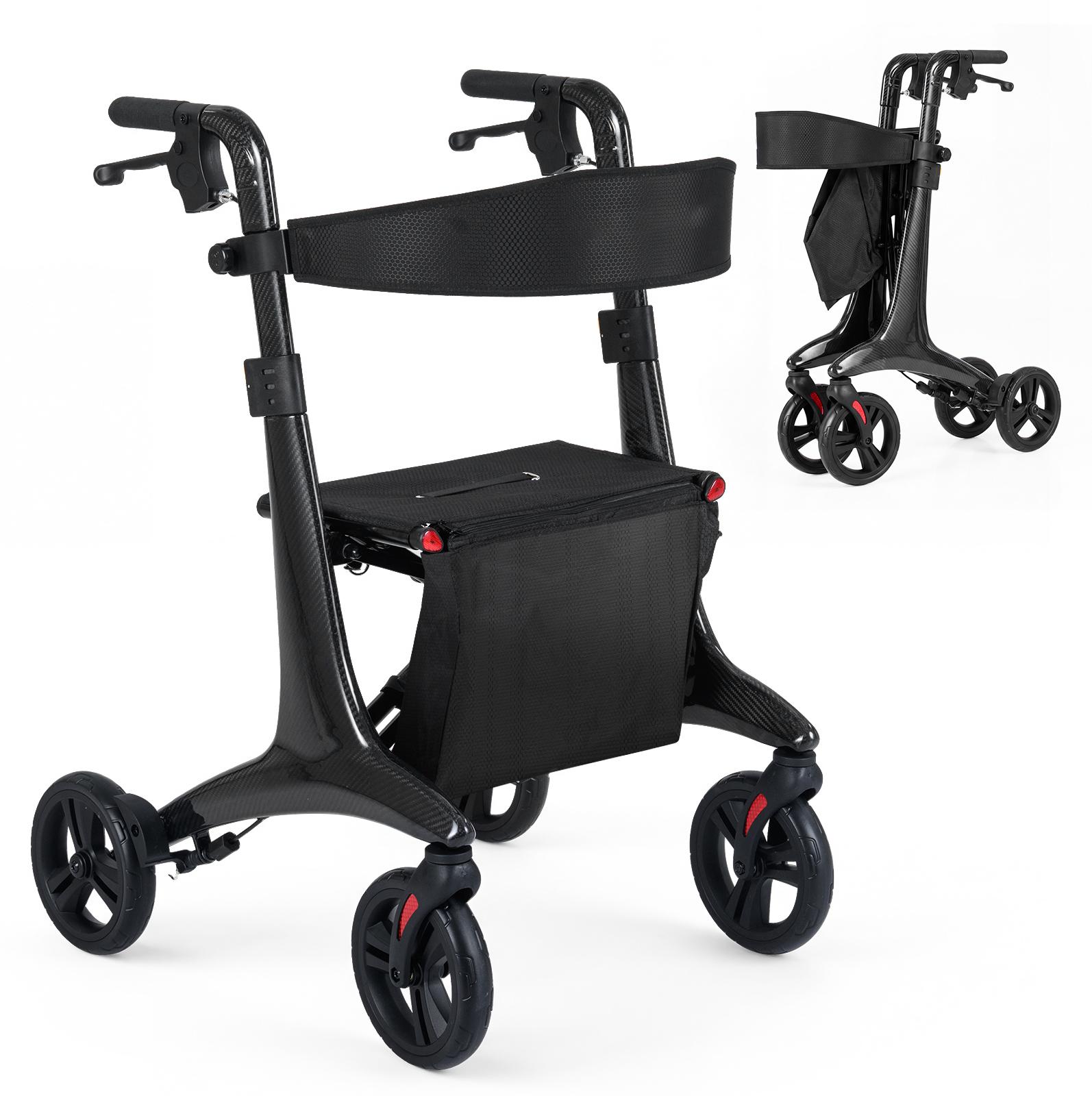 COSTWAY Rollator faltbar & leicht mit Sitz, 2 in 1 Rollstuhl & Reiserollator, Gehhilfe 6-fach höhenverstellbar, Gehwagen mit Tasche, bis 136kg Schwarz