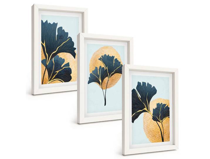 Tulup Bilder SET 3er Set - 20x30 cm Weißer Rahmen - Ginkgoblätter, heller Hintergrund, Kunststoff, Rechteckig, 20x30 cm, gerahmt, Bilder & Rahmen, Bilder