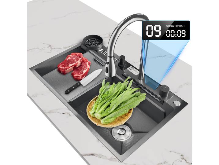 Évier de cuisine en acier inoxydable à cascade, grand bac unique, avec robinet intégré à affichage numérique, pour la vaisselle, les fruits et les légumes