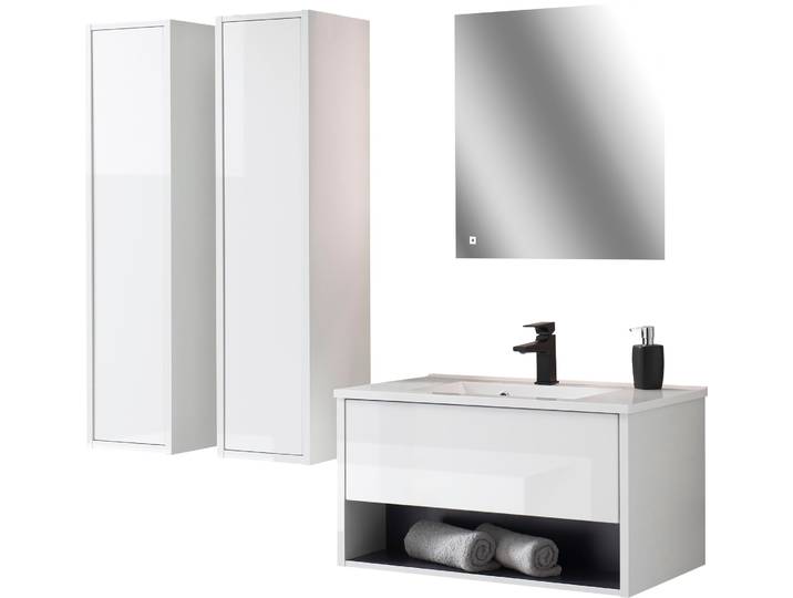 Badmöbel-Set HOME AFFAIRE Studio Line, Bad im modernen Design, 4-teiliges Badezimmer , weiss (weiß, weiß, applikation anthrazit), Kastenmöbel-Sets, Badmöbel-Set, Schrank, Waschtisch und Spiegel, in zwei Farben verfügbar, Stauraum