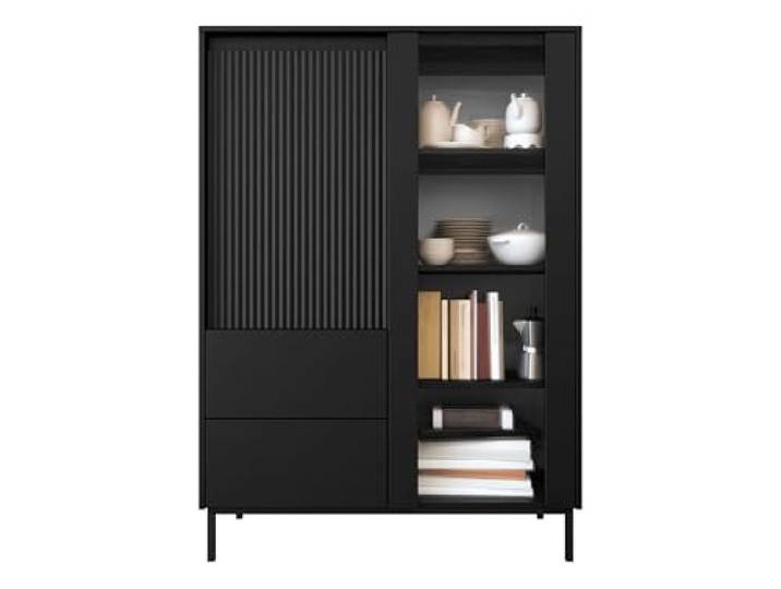 Mirjan24 Standvitrine Ozmi 2D2S mit 2 Türen und 2 Schubladen (Schwarz) Vitrinenschrank mit geriffelten Fronten, 7 Innenfächern, Push-to-Open-System und schwarzem Metallgestell