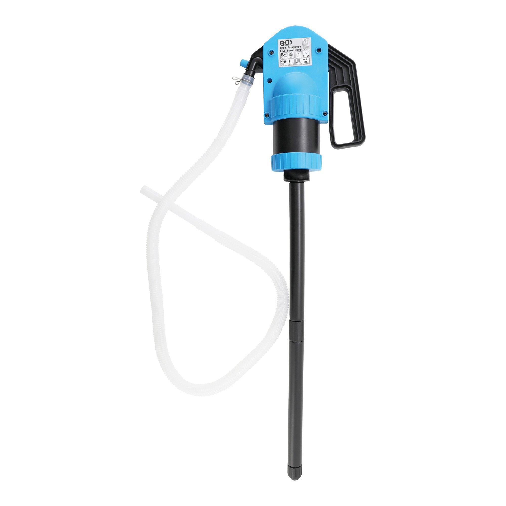 BGS technic Hebel-Fasspumpe für Harnstoff (AUS32), aus Polypropylen, mit 2 m Schlauch und Zapfpistole, Fördermenge ca. 0,3 l/Hub, 4026947019990 (8332)
