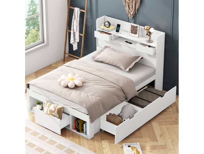 MEUBLIV Lit avec tiroirs lit enfant 90x200cm avec 5 tiroirs ports USB et espace de rangement pin blanc sans matelas