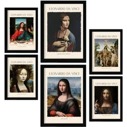 POSTER Set Mit 6 Da Vinci Posterblatt Malergalerie Dekorative Gemälde Für Ihr Wohnzimmer Schlafzimmer Zuhause Wandkunstdrucke A3 & A4 Schwarzer Rahmen