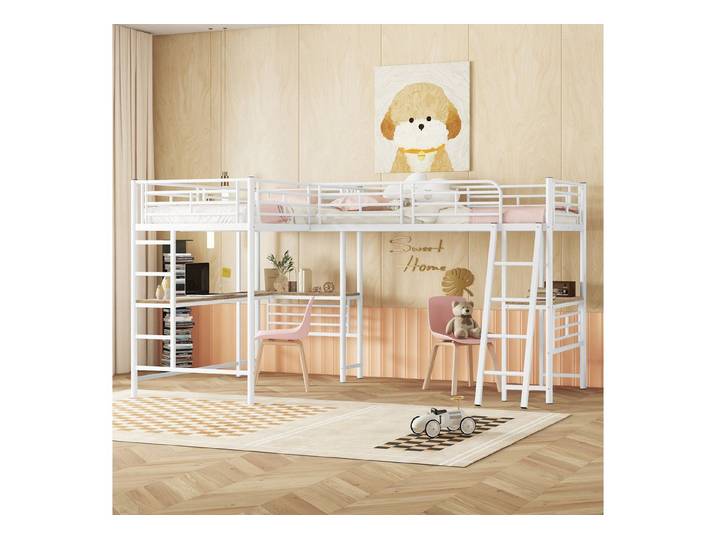 STILVORA Hochbett 90×200 mit schreibtisch,Doppelbett mit hohes Geländer,ohne matrartze (Tisch unter dem Bett, Doppeltreppe, hohes Geländer 90x200cm) ohne Matratze