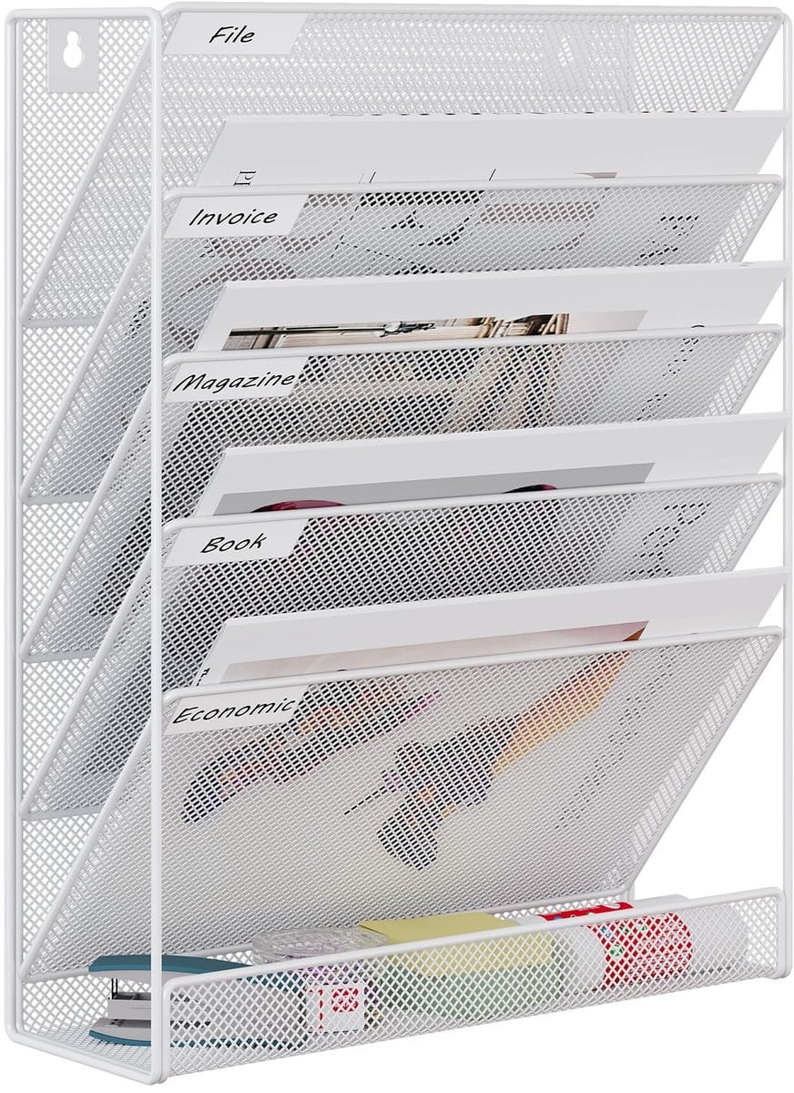 Dailygoods Tijdschriftenhouder Wandhouder met 6 Vakken, A4 Documenthouder en Organizer in Roestvrij Staal