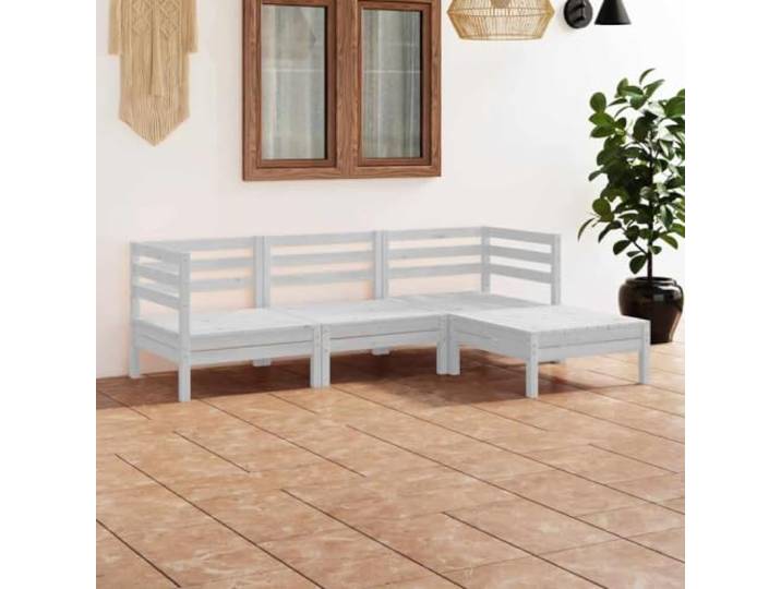 Bois de pin massif design palette terrasse jardin 4 pieces blanc Salon de jardin 4 pcs Bois de pin massif Blanc Ensemble canapé modulaire pour terrasse extérieur avec repose-pieds, résistant