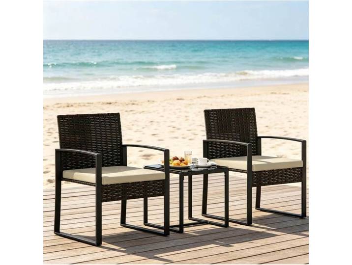 COVREO Ensemble table et chaises de jardin 2 fauteuils petite table carrée résine tressée coussins noir et marron