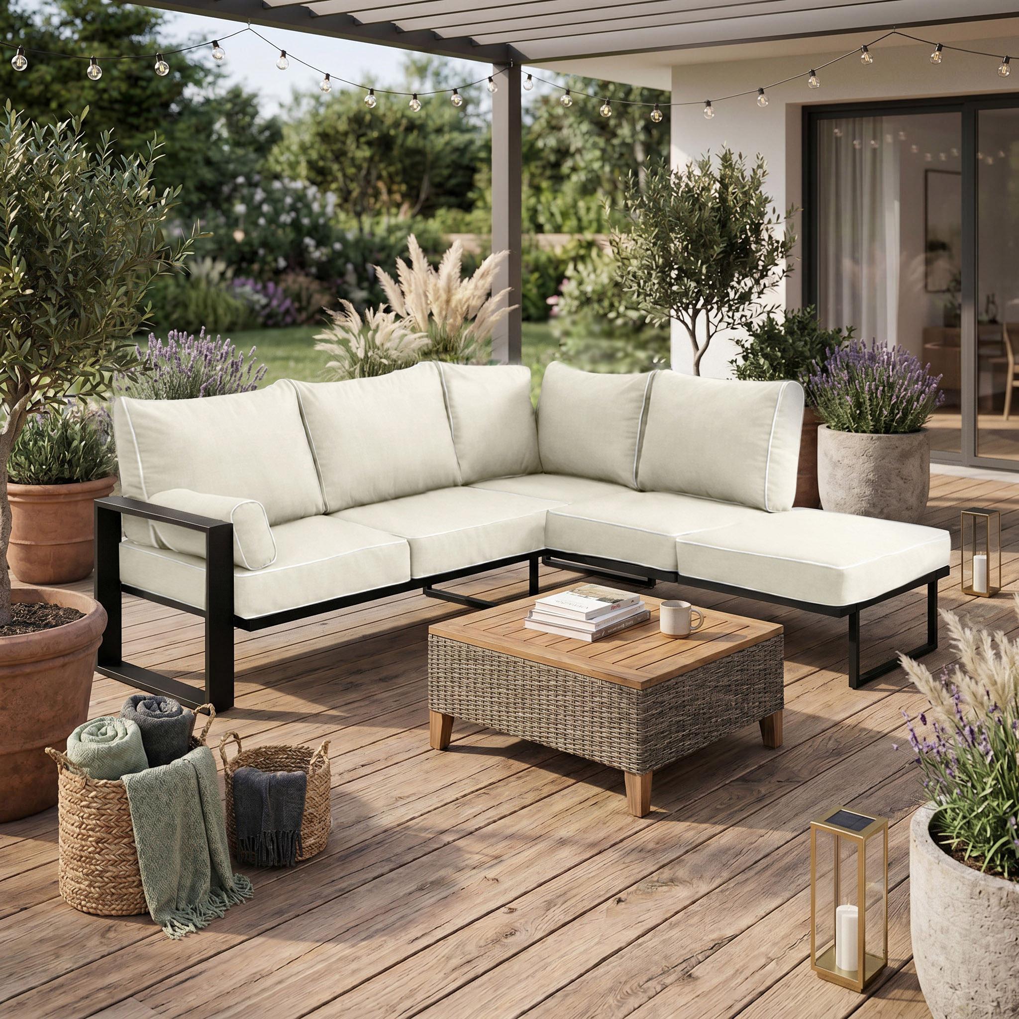 BEAUTYSOFA | VERDINO Gartenecke Creme 2R2 Offen - Garten Lounge Ecke wetterfest mit Metallrahmen, Outdoor Ecksofa, SIMAX 16