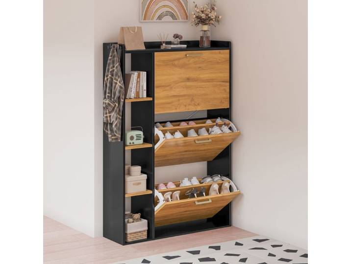 Meuble à Chaussures avec 3 flips-Étagère Rangement avec compartiment ouvert-Avec dispositif anti - inclinaison-18-24paires-Noir