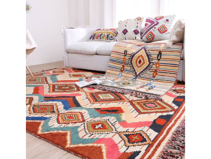 Tapis en laine fait main du Maroc pour salon, coloré, style nordique simple, tapis de sol pour canapé et table basse, tapis ethnique rétro, tapis de chevet