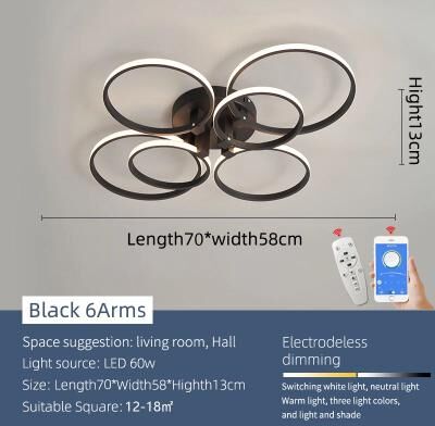 Inspire Select Modern Dimmable LED Chandelier Ceiling Light With Remote & App Control Black & White Acrylic Aluminum Fixture 6 Arms Black Round dimmable Rc With App