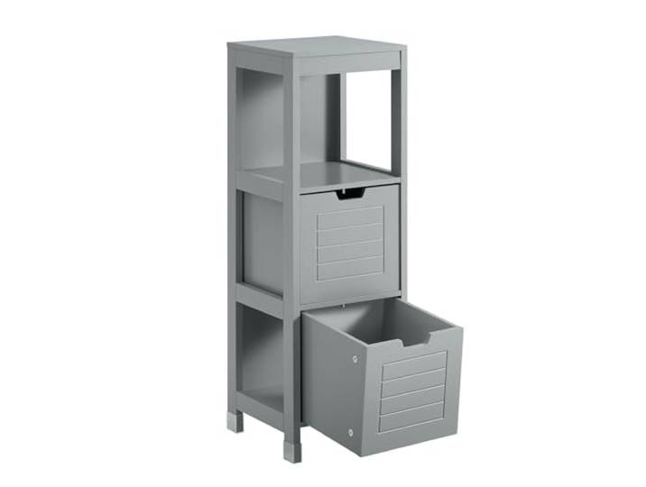 SoBuy Badezimmerschrank aus Holz, Kommode mit 2 Körben 30x89x30 cm Grau Schmaler Badezimmerregal – Kompakter Badschrank für kleine Räume Stilvolle Badmöbel, FRG127-SG