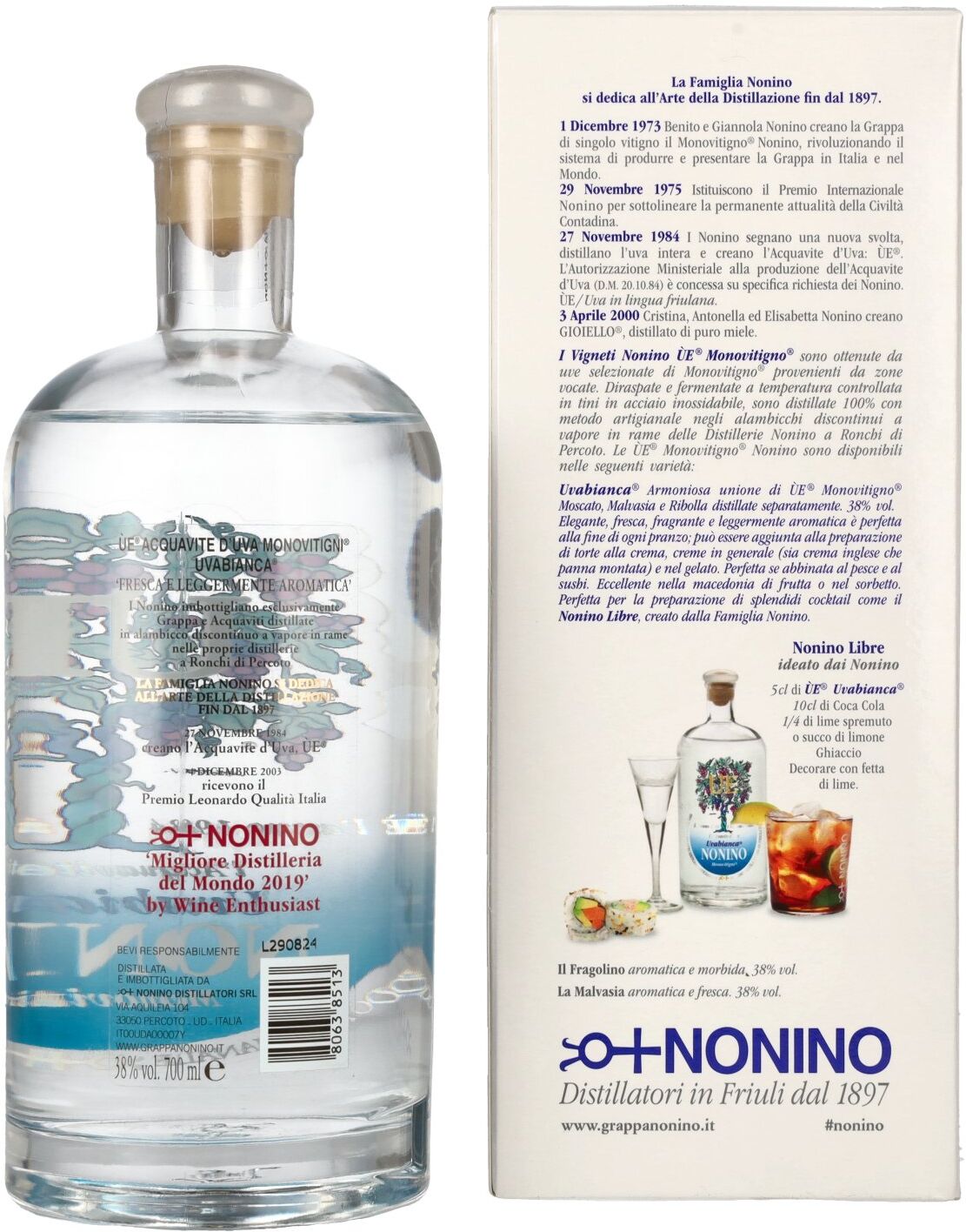 Nonino Grappa ÙE Monovitigni Uvabianca 38% Vol. 0,7l in Geschenkbox
