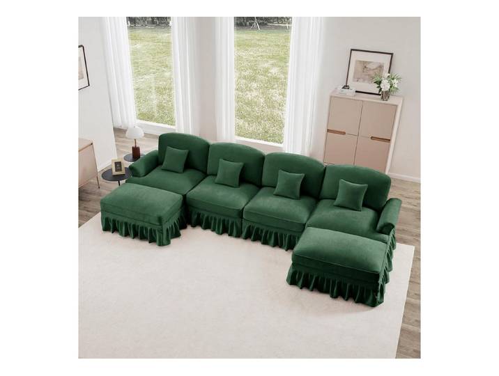 LuxusKollektion Wohnlandschaft Ecksofa Uförmig 4Sitzer Chenillestoff Grün 4-Seat & 2 Ottomane