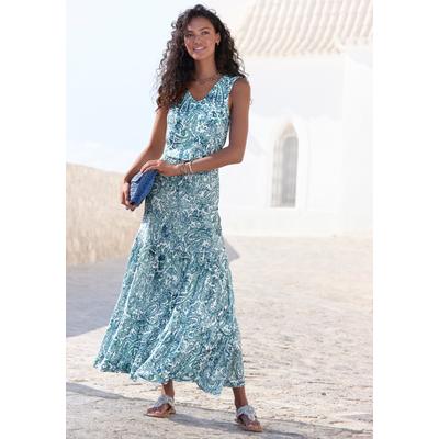 Maxikleid BUFFALO, Damen, Gr. 44, N-Gr, Jersey, grün (weiß, blau, grün bedruckt), Jersey, Obermaterial: 100% Viskose, Paisley, bedruckt, figurumspielend ca. Mitte Wade, V-Ausschnitt, Kleider Maxikleid, mit Paisley-Druck, Sommerkleid, Volantkleid