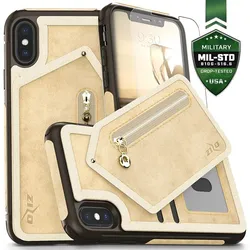 Zizo Nebula Wallet Case - Lederhülle für iPhone X s Fächern für karty + Hülle für zip + 9H Glas für Display (Tan/Brown)