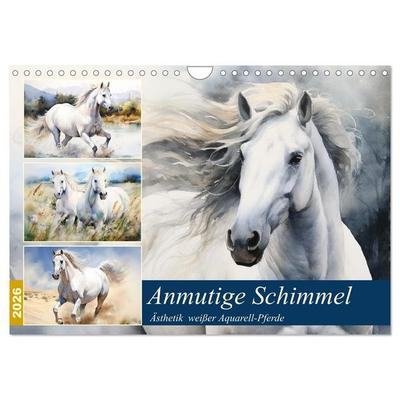 Anmutige Schimmel. Ästhetik weißer Aquarell-Pferde (Wandkalender 2026 DIN A4 quer), CALVENDO Monatskalender