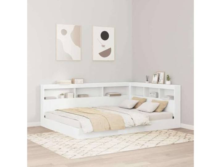 Weißes Bettregal 135 cm aus Ingenieurholz, Kopfteil mit Ablage für Bücher und Dekoration, L-formschönes Design mit integriertem Ladebuch, modern