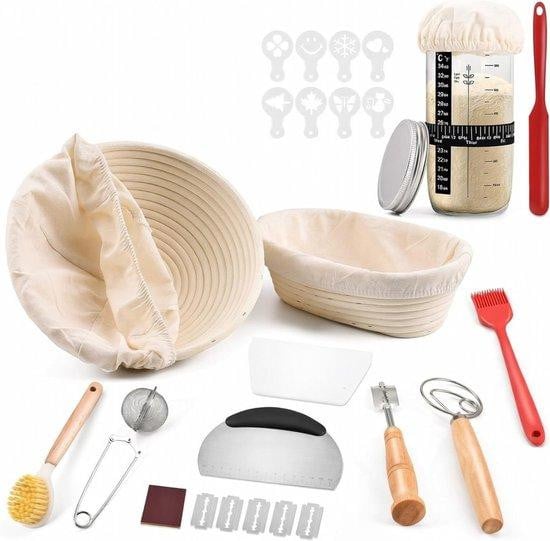 Famanu Zuurdesem Starterset met Ovale Mengkom en Rijsmandjes, Beige