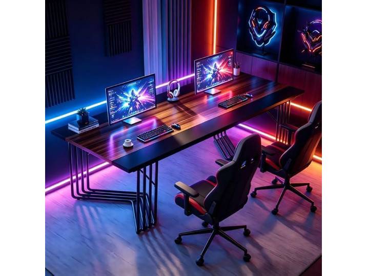 Bureau Gaming 200x100x75 cm Grande Surface de Table Gaming Ergonomique Grand bureau d'ordinateur Gamer -Marron