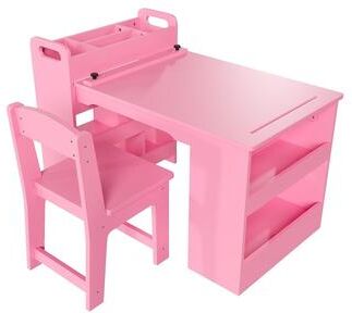 Garvee Kids Art Table and 2 Chairs Set, Wooden Desk and Chair Set Ample Storage Shelves, Multi-Functional Activity Desk Drawing