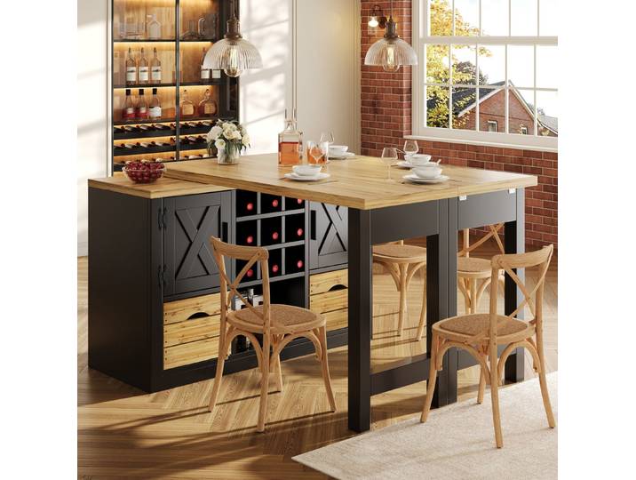 MODFU Kücheninsel Multifunktionaler Esstisch, (mit ausziehbarer Funktion, Weinhalter, Schublade und hochwertiger Holzmaserungs-Oberfläche)