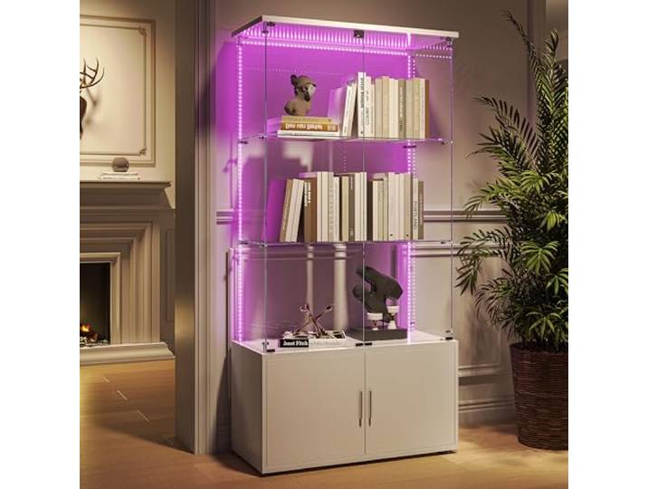 Glasvitrine mit LED-Beleuchtung, Vitrinenschrank mit Schloss, Glasvitrine Staubdicht für Sammlungen, Standvitrine Glasschrank für Wohnzimmer Schlafzimmer (Weiß+Lichtstreifen, 3 Schichten+Schrank)
