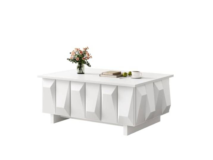 Couchtisch mit Stauraum und 3D-Fronten (White + Particle Board) 3D-Strukturfronten, drei Türen und großzügige Ablagefläche für ein aufgeräumtes Wohnzimmer