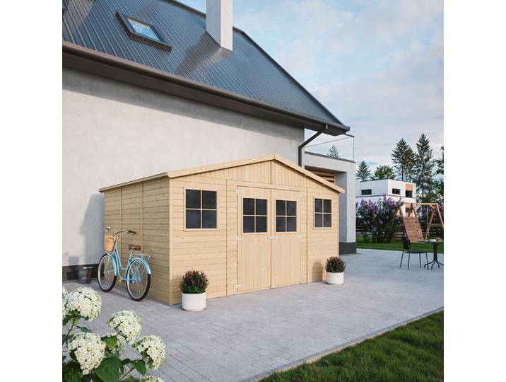 Holz Gartenschuppen - Abstellkammer mit Fenstern - H246 x 418 x 320 cm/ 12 m² Naturholz-Shiplap-Schuppen - Gartenwerkstatt