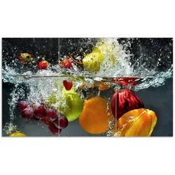 Wallario Herdabdeckplatte 60 x 52 cm (BxH), 2-teilig Früchte im und unter Wasser - Splashing Fruits