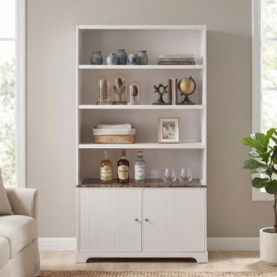 Ostweer White Tall Bookcase Storage Cabinet with Fluted Double Doors, Freestanding Display Cabinet Hallway Cabinet