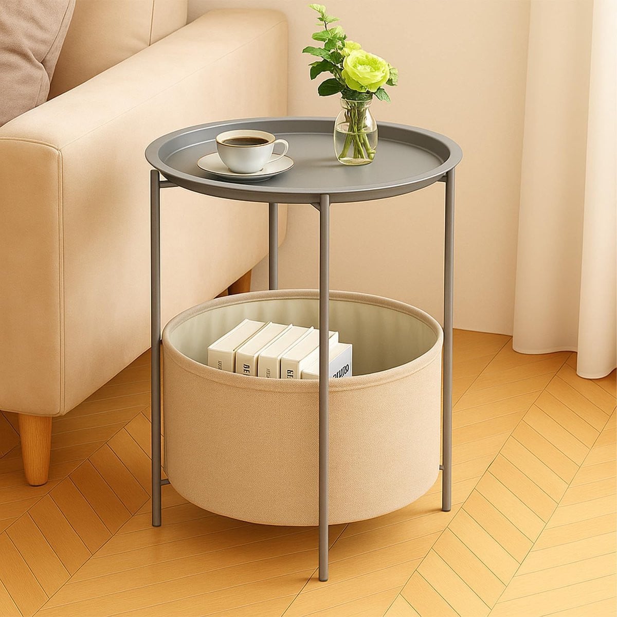 Ronde bijzettafel met stoffen mand in grijs en beige