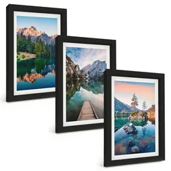 BILDER SET 3er Set - 20x30 cm Schwarzer Rahmen - Spiegelung des Waldes in Bergseen
