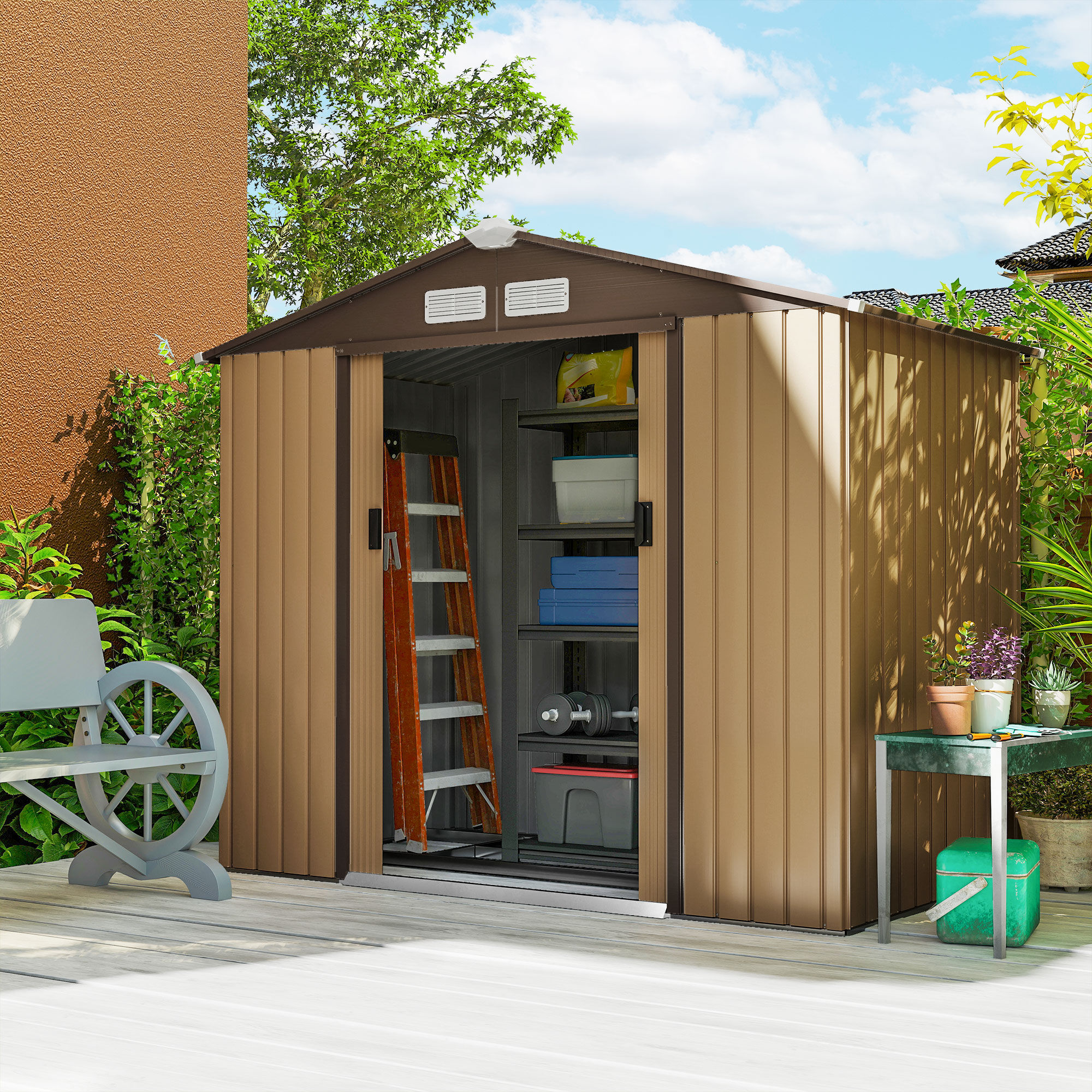 Altro Casetta Da Giardino Porta Utensili In Lamiera Con Porte Scorrevoli, 213x130x185cm, Giallo