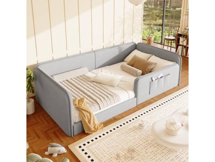 BTM Kinder Bodenbett 90x200 Kinderbett mit Sicherheitsrahmen Grau Ohne Matratze