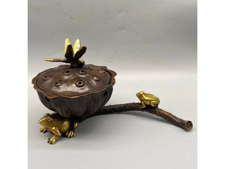 Brûleur d'encens chinois en cuivre sculpté à la main, graine de Lotus, libellule, grenouille, joli travail d'art