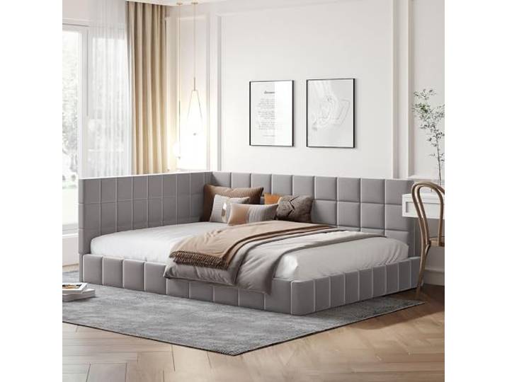 Multifunktions-Polsterbett Schlafsofa 140x200 cm, hautsympathischer Samtstoff, inkl. Lattenrost, elegantes Mid-Century-Modern-Design, Grau, maximale Tragfähigkeit 250 kg