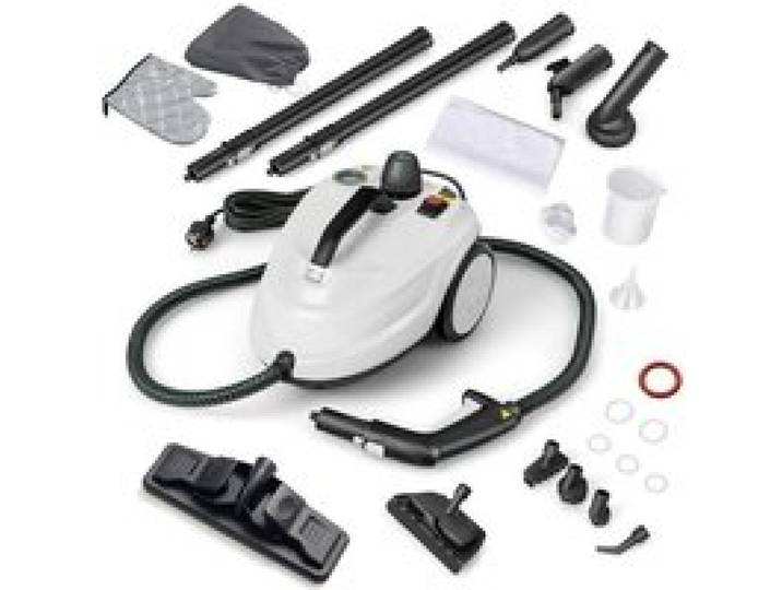 Nettoyeur vapeur blanc 2000W avec 15 accessoires réservoir 1.8L et roues verrouillage de sécurité pour maison sols et vitres
